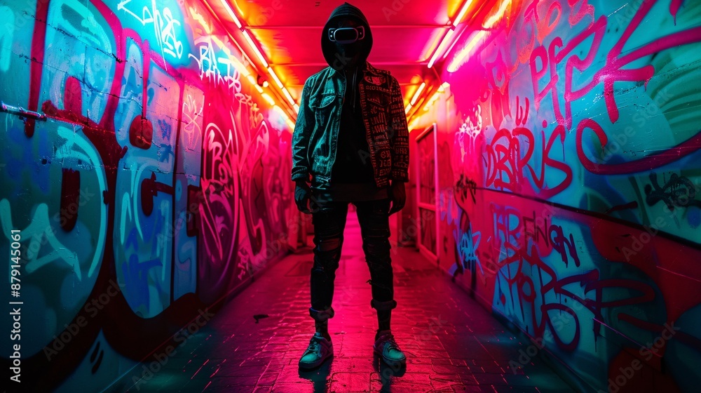 Naklejka premium Mysterious Person in Neon Graffiti Tunnel