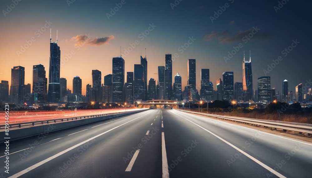 Cityscape with highway and buildings at dusk Cityscape with highway and buildings at dusk