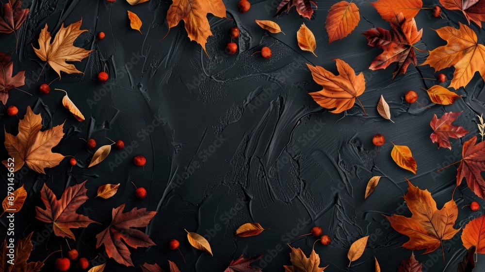 Top view of autumn leaves and red berries arranged on a dark textured background, capturing the essence of fall. Top view of autumn leaves and red berries arranged on a dark textured background, capturing the essence of fall.