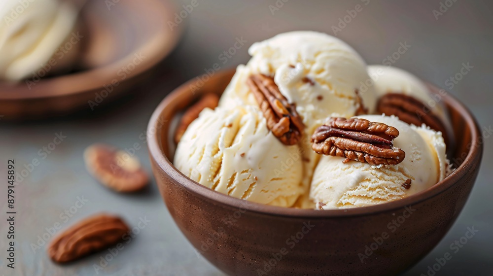 Vanilla Ice Cream with Pecans in Wooden Bowl Vanilla Ice Cream with Pecans in Wooden Bowl