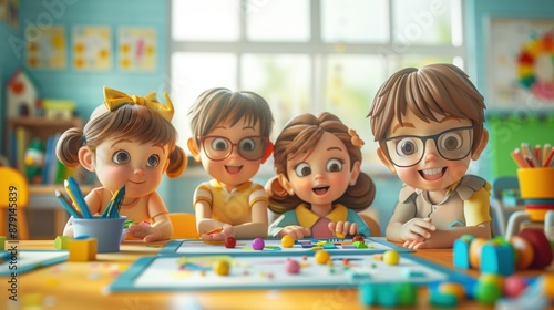 Happy Kids Playing Game in Classroom.