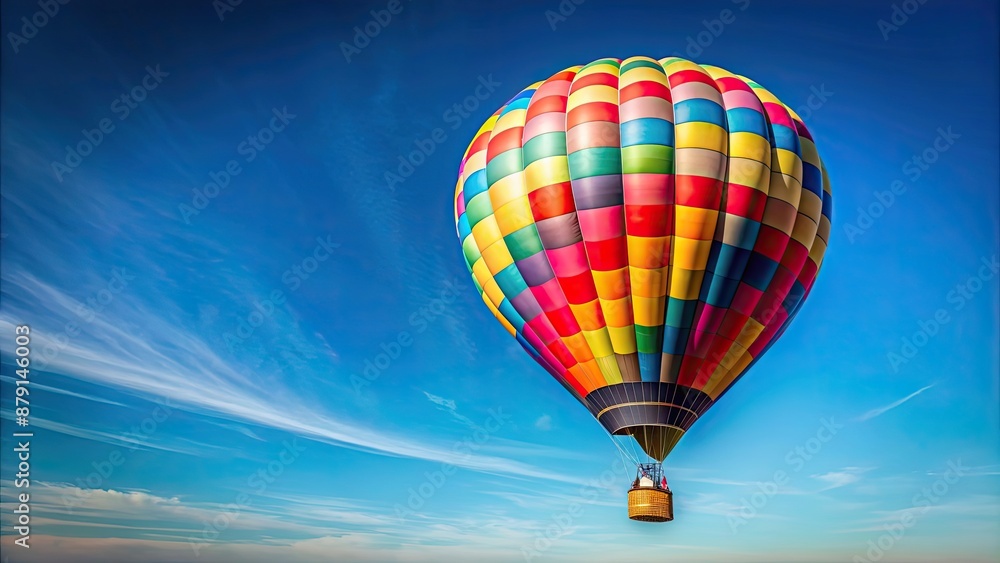 Fototapeta premium A colorful hot air balloon floating in a clear blue sky , Adventure, Travel, Freedom, Journey, Balloon Festival, Airborne, Leisure, Fun