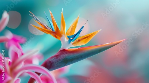 Macro shot of bird of paradise flower, soft-focus tropical island backdrop, vibrant colors, represent freedom, exotic and striking composition.