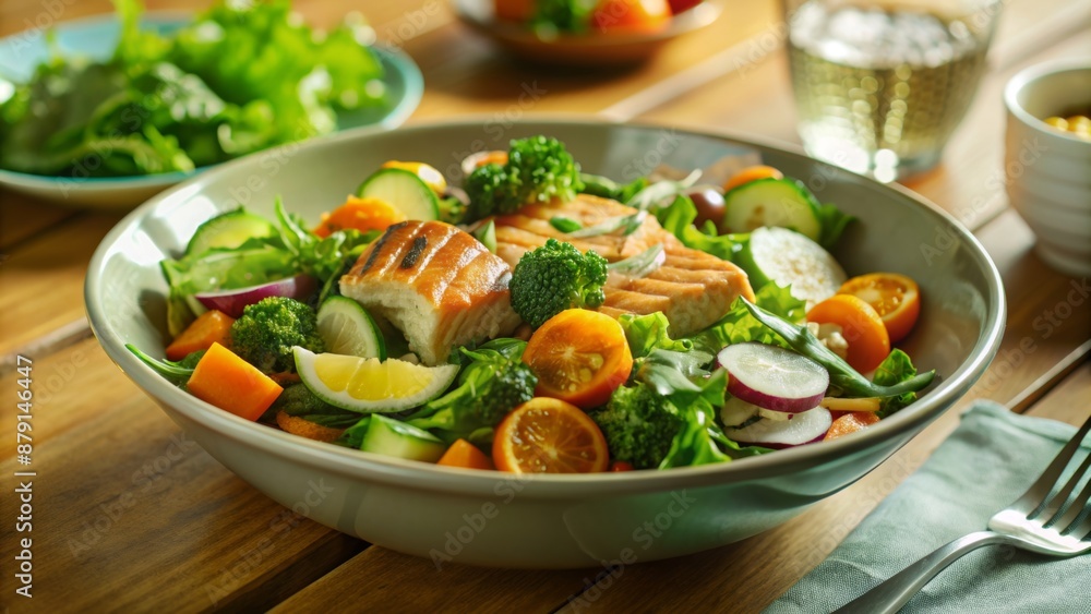 A fresh and colorful salad is beautifully presented in a bowl on a wooden table A fresh and colorful salad is beautifully presented in a bowl on a wooden table