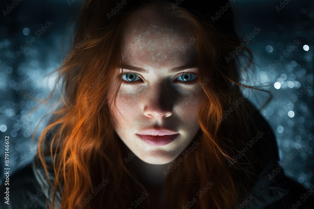 Mysterious woman with fiery red hair and piercing blue eyes Mysterious woman with fiery red hair and piercing blue eyes