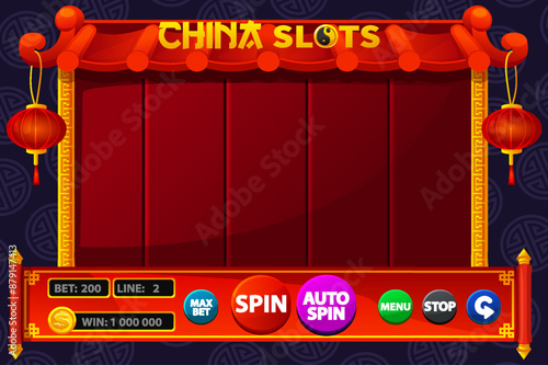 Casino slot machine game UI design. Gambling mobile app concept for the Chinese-themed Casino Game.