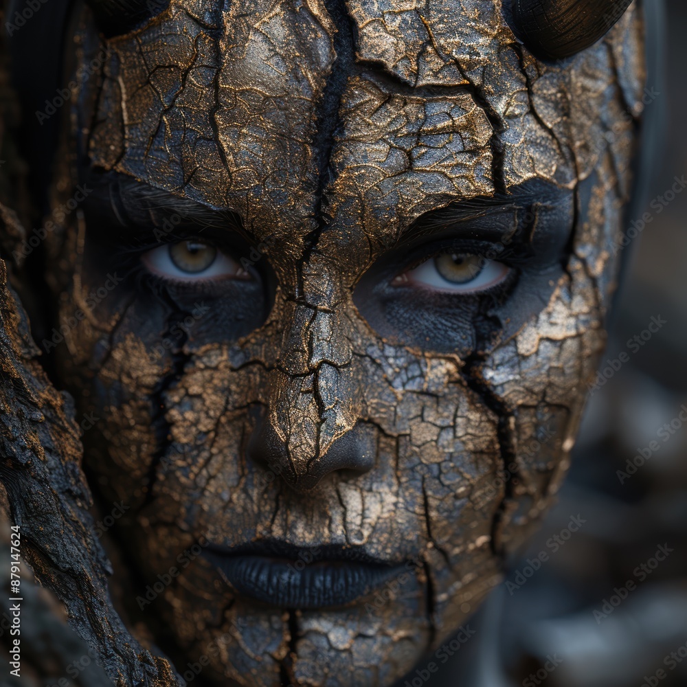 Mysterious cracked face with piercing eyes Mysterious cracked face with piercing eyes