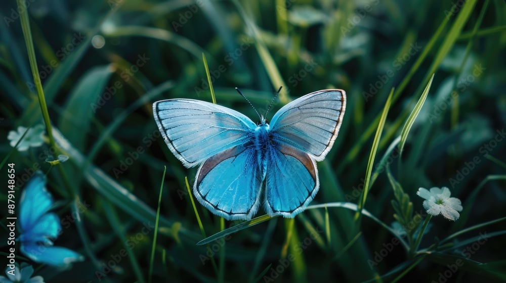 Small blue butterfly resting on grass with its wings wide open Small blue butterfly resting on grass with its wings wide open