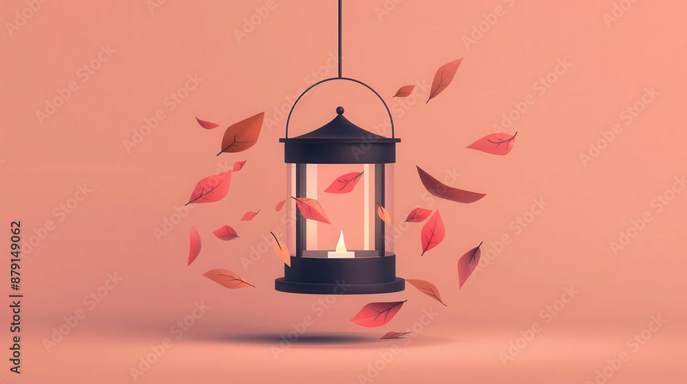 Autumn lantern, dynamic falling leaves, flat design illustration Autumn lantern, dynamic falling leaves, flat design illustration