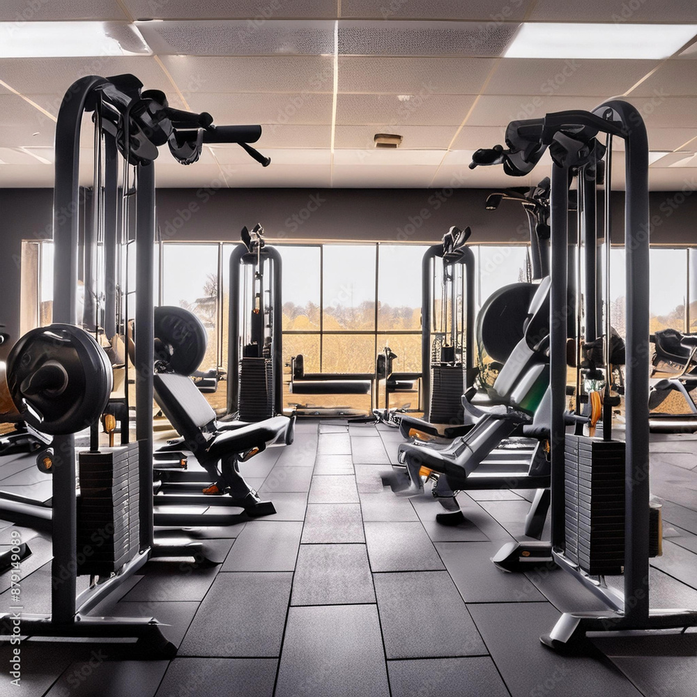 Fototapeta premium Modern Fitness Equipment Setup in a Well-Equipped Gym Facility