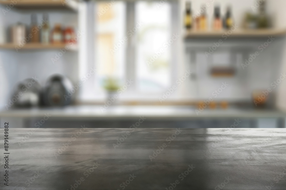 Empty tabletop surface with blurred kitchen background for product display Empty tabletop surface with blurred kitchen background for product display