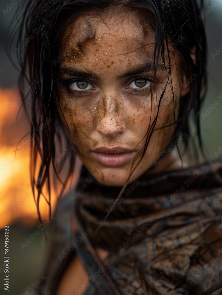 Intense gaze of a young woman with striking features Intense gaze of a young woman with striking features
