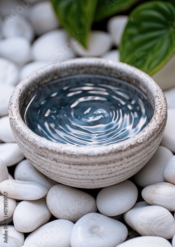 Tranquil water ripples in ceramic bowl on white pebbles