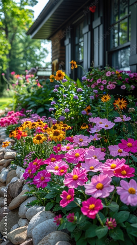A vibrant garden in full bloom with various colorful flowers including sunflowers and zinnias, bordering a charming house on a sunny day. A vibrant garden in full bloom with various colorful flowers including sunflowers and zinnias, bordering a charming house on a sunny day.