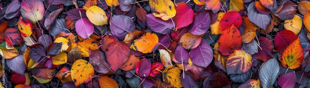 Obraz premium A pile of colorful autumn leaves. The leaves are of different colors, including red, yellow, and brown. Concept of warmth and nostalgia, as it captures the beauty of fall foliage