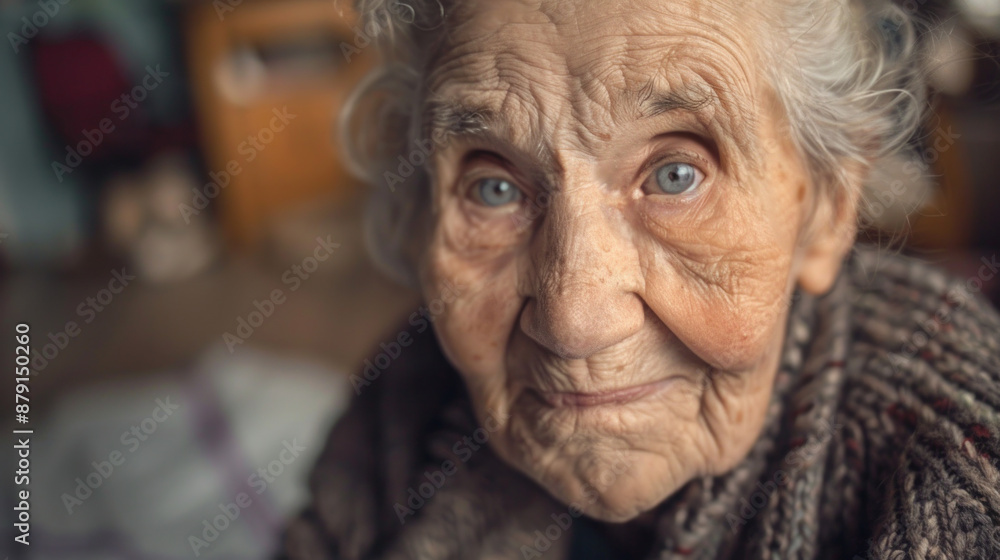 An elderly woman with a positive expression, is looking at the camera. She's in her home and promoting retirement and healthcare for seniors. An elderly woman with a positive expression, is looking at the camera. She's in her home and promoting retirement and healthcare for seniors.
