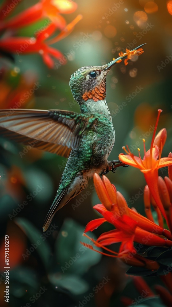 Fototapeta premium A vibrant hummingbird hovers near bright red flowers, capturing an enchanting moment in nature during golden hour.