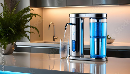 a smart water purifier with advanced filtration technology and a user-friendly interface, purifying water in a modern kitchen.