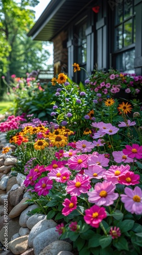 A vibrant garden in full bloom with various colorful flowers including sunflowers and zinnias, bordering a charming house on a sunny day.