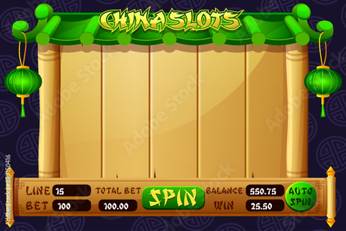 Casino slot machine game UI design for the Chinese-themed Casino Game. The game user interface is cartoon-style with basic buttons for your designs