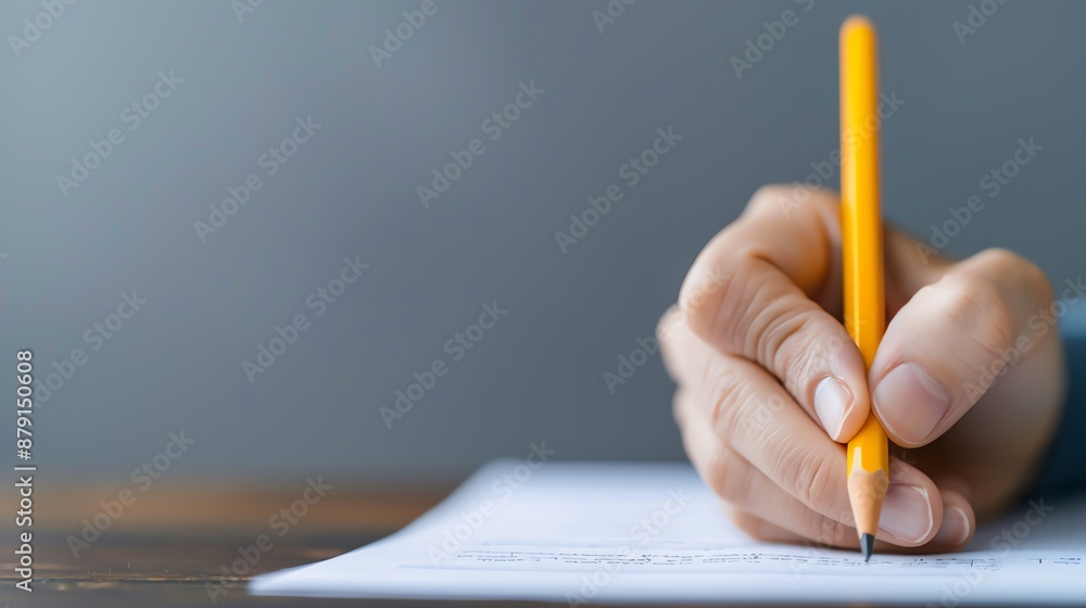Closeup of a hand writing with a yellow pencil on paper. Closeup of a hand writing with a yellow pencil on paper.