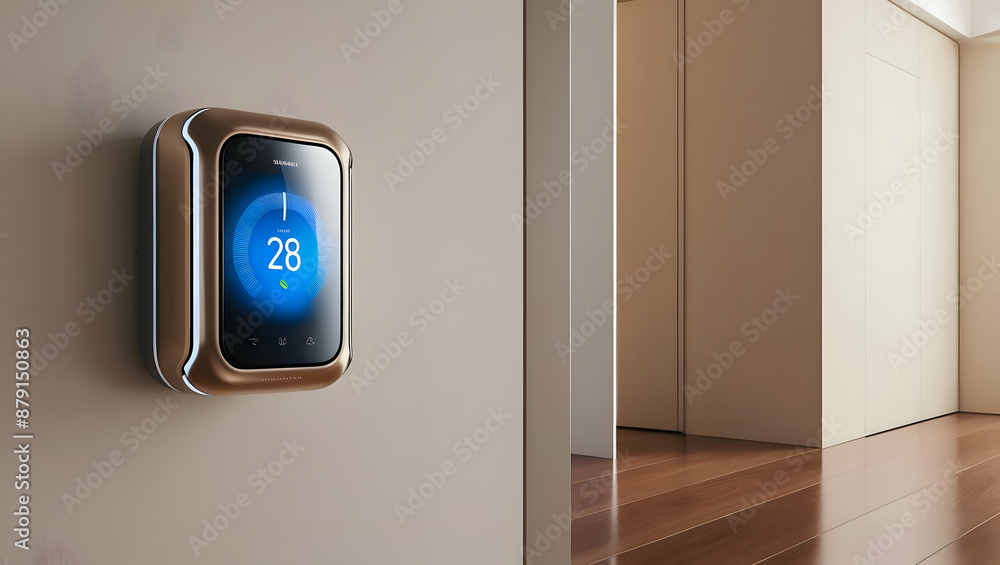a smart thermostat with advanced temperature control and energy-saving features, regulating the temperature in a modern home. a smart thermostat with advanced temperature control and energy-saving features, regulating the temperature in a modern home.
