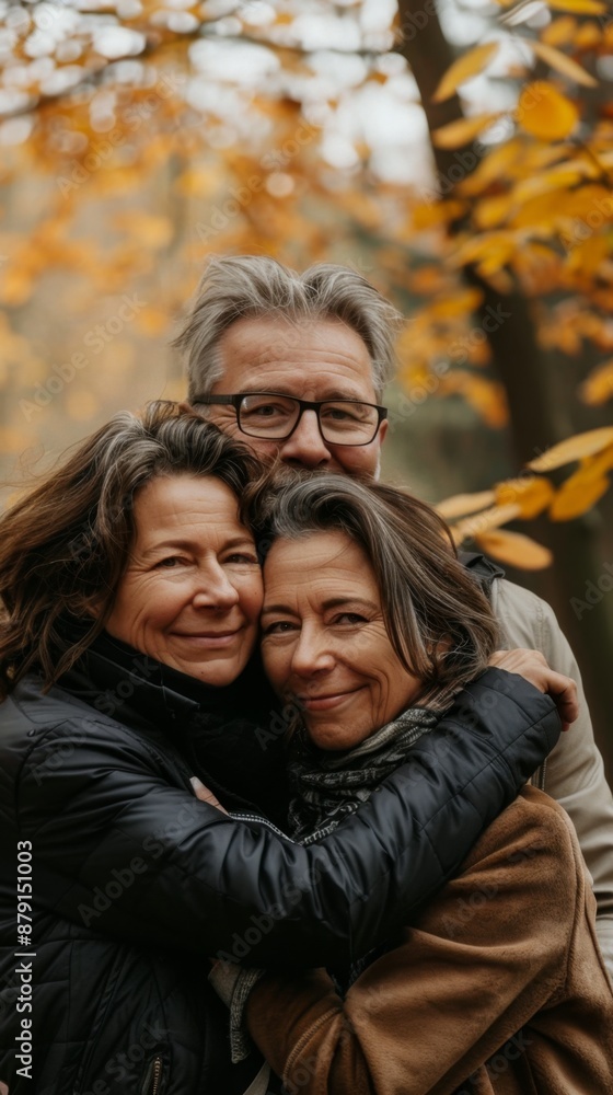 Fototapeta premium Happy Mature Couple Embracing in a Park: Middle-Aged Man and Woman Enjoying Outdoor Conversations and Smiling Together, Representing Love, Unity, and a Joyful Lifestyle in a Natural Setting, High-Reso