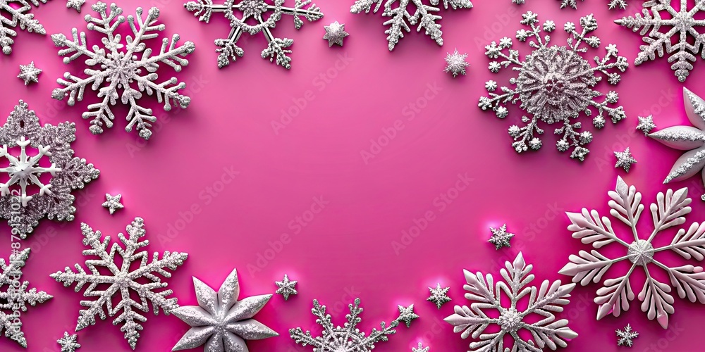 Christmas poster with shiny silver snowflakes on a pink background , winter, holiday, festive, decorations, seasonal Christmas poster with shiny silver snowflakes on a pink background , winter, holiday, festive, decorations, seasonal