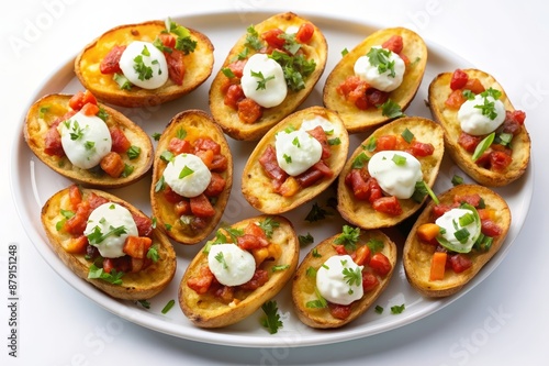 Potato Skins Appetizer Platter - A white platter piled with potato skins, filled with sour cream, diced tomatoes, and fresh parsley. - A white platter piled with potato skins, filled with sour cream, 