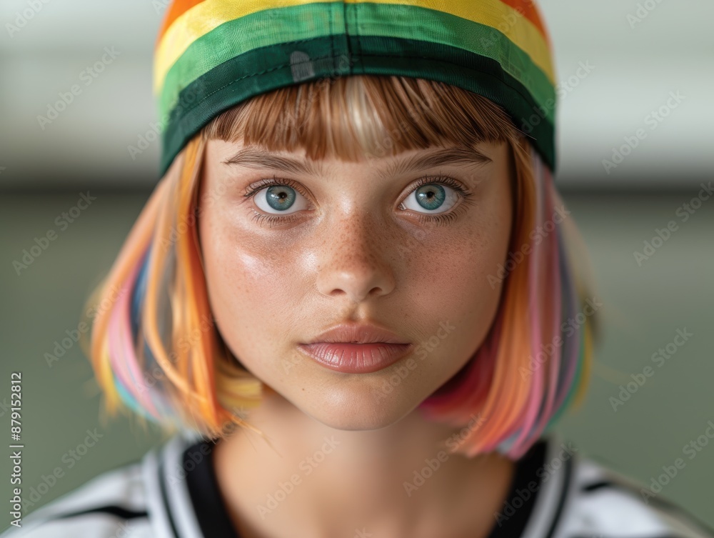 Vibrant young person with colorful hair and intense gaze Vibrant young person with colorful hair and intense gaze