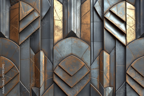 A wall with a pattern of squares and triangles made of metal