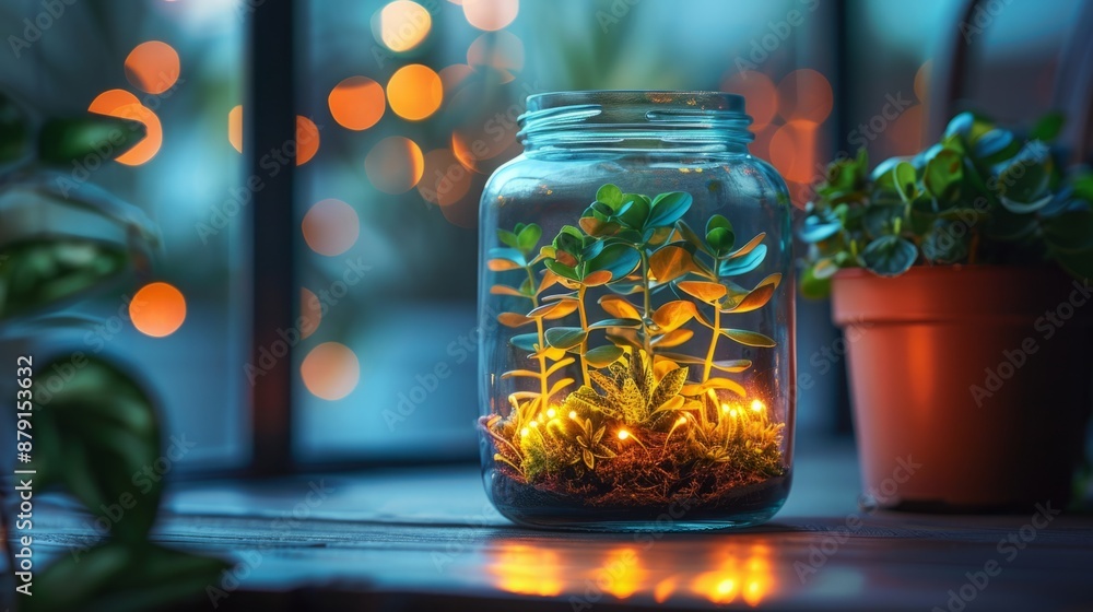 A glass jar terrarium with green plants illuminated by fairy lights sits on a windowsill at dusk. A glass jar terrarium with green plants illuminated by fairy lights sits on a windowsill at dusk.