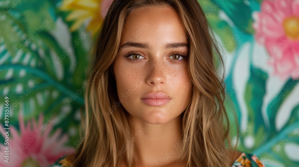 young woman with freckles against floral background