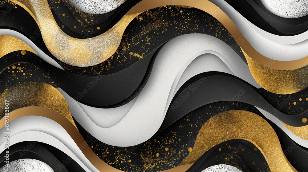 Obraz premium A gold and black wave pattern with white splatters