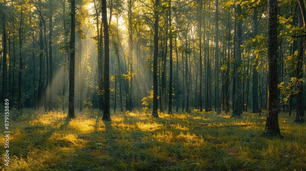 Softly blurred forest with sunlit trees Softly blurred forest with sunlit trees