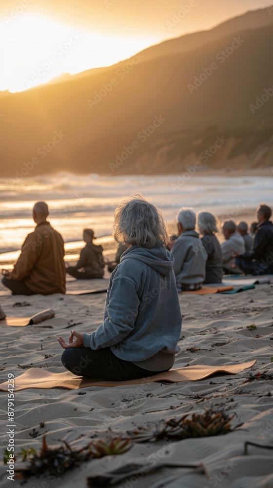 Several people sitting on the beach doing yoga exercises at sunset Several people sitting on the beach doing yoga exercises at sunset