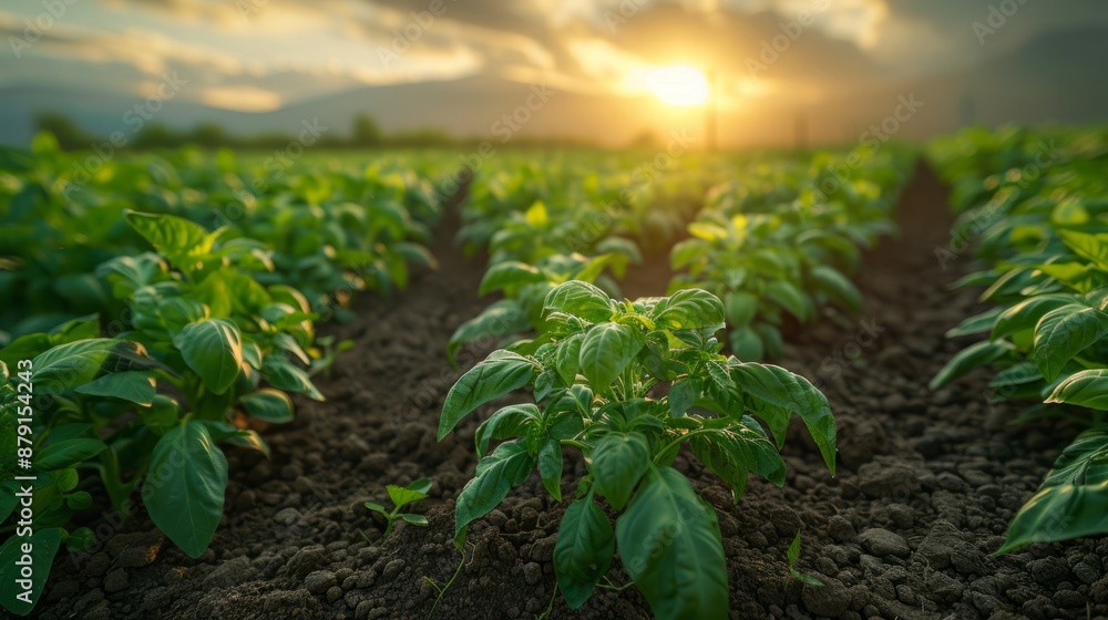 Green potato plants growing in a field during sunset. Green potato plants growing in a field during sunset.