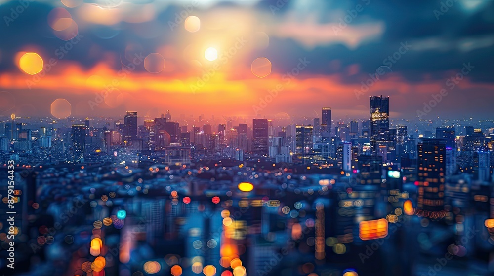 Obraz premium Softly blurred skyline of city at sunset