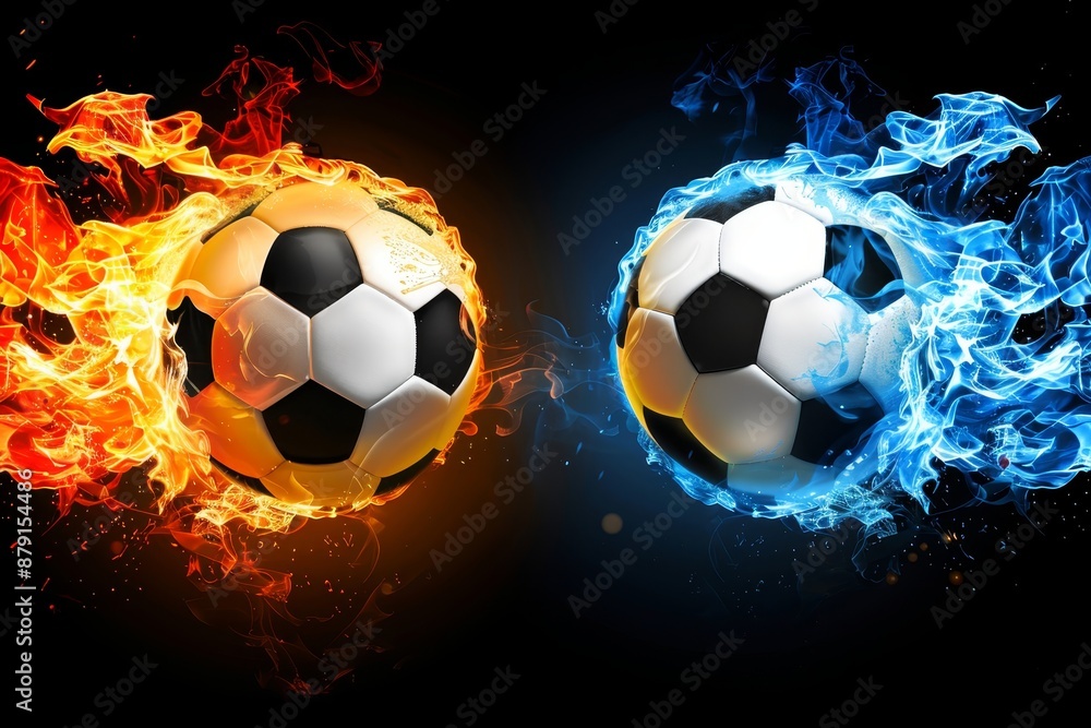 Naklejka premium Two Soccer Balls On Fire And Blue Flames, Realistic 3D Illustration On Black Background
