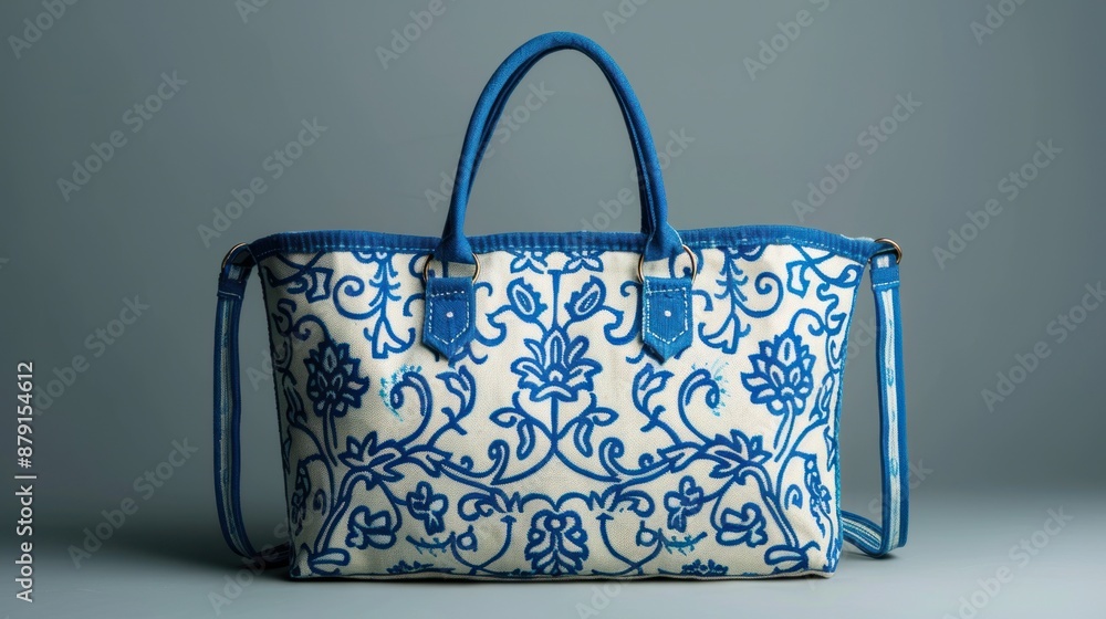 Blue Floral Tote Bag on Grey Background Blue Floral Tote Bag on Grey Background