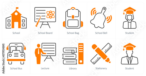 A set of 10 School and Education icons as school, school board, school bag