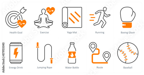 A set of 10 Sports and Fitness icons as health goal, exercise, yoga mat