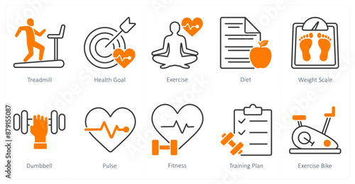 A set of 10 Sports and Fitness icons as treadmill, health goal, exercise
