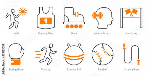 A set of 10 Sports and Fitness icons as walk, running shirt, skate