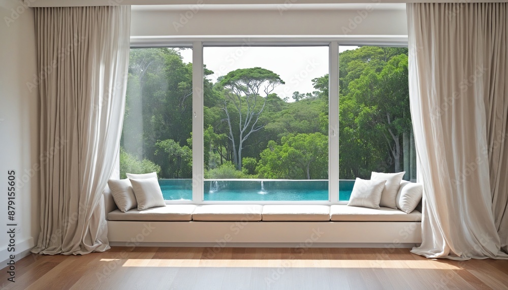 Large window frame nature view from outside, with curtain seat and pillows, modern interior design, wall paper Large window frame nature view from outside, with curtain seat and pillows, modern interior design, wall paper