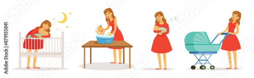 Young Mom Parent with Her Baby Kid Vector Set