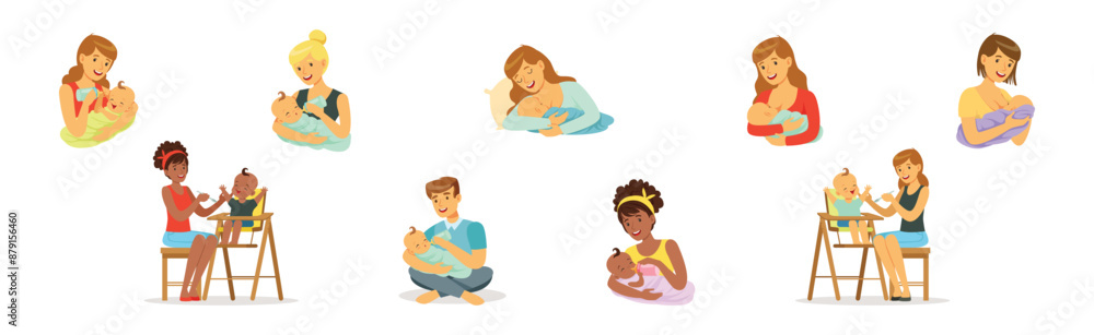 Mom and Dad Parent Feeding Baby Kid Vector Set Mom and Dad Parent Feeding Baby Kid Vector Set