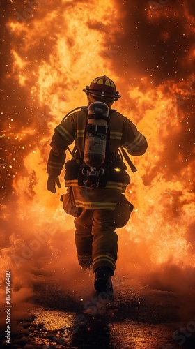 A brave and handsome Korean firefighter, risking his life, urgently sprints towards the massive flames at the intense fire scene, captured in a full-body shot from behind