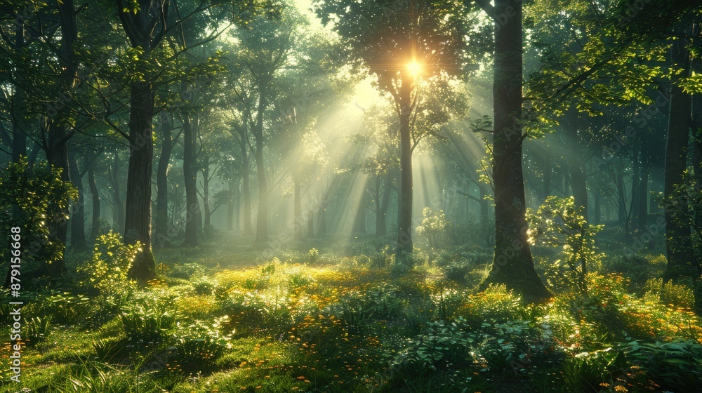 Obraz premium Peaceful forest scene with misty morning light filtering through trees, ideal for nature themes