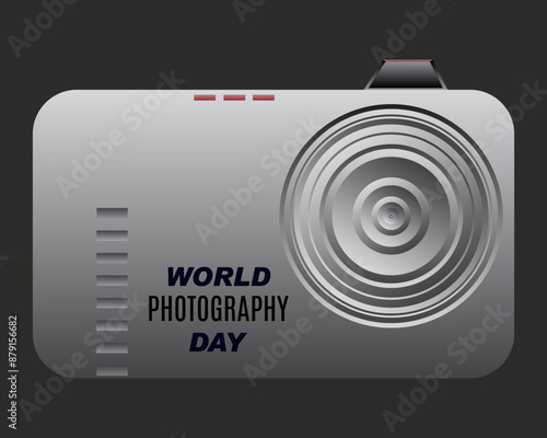 World photography day vector design illustration. Text with decorative elements and camera lense